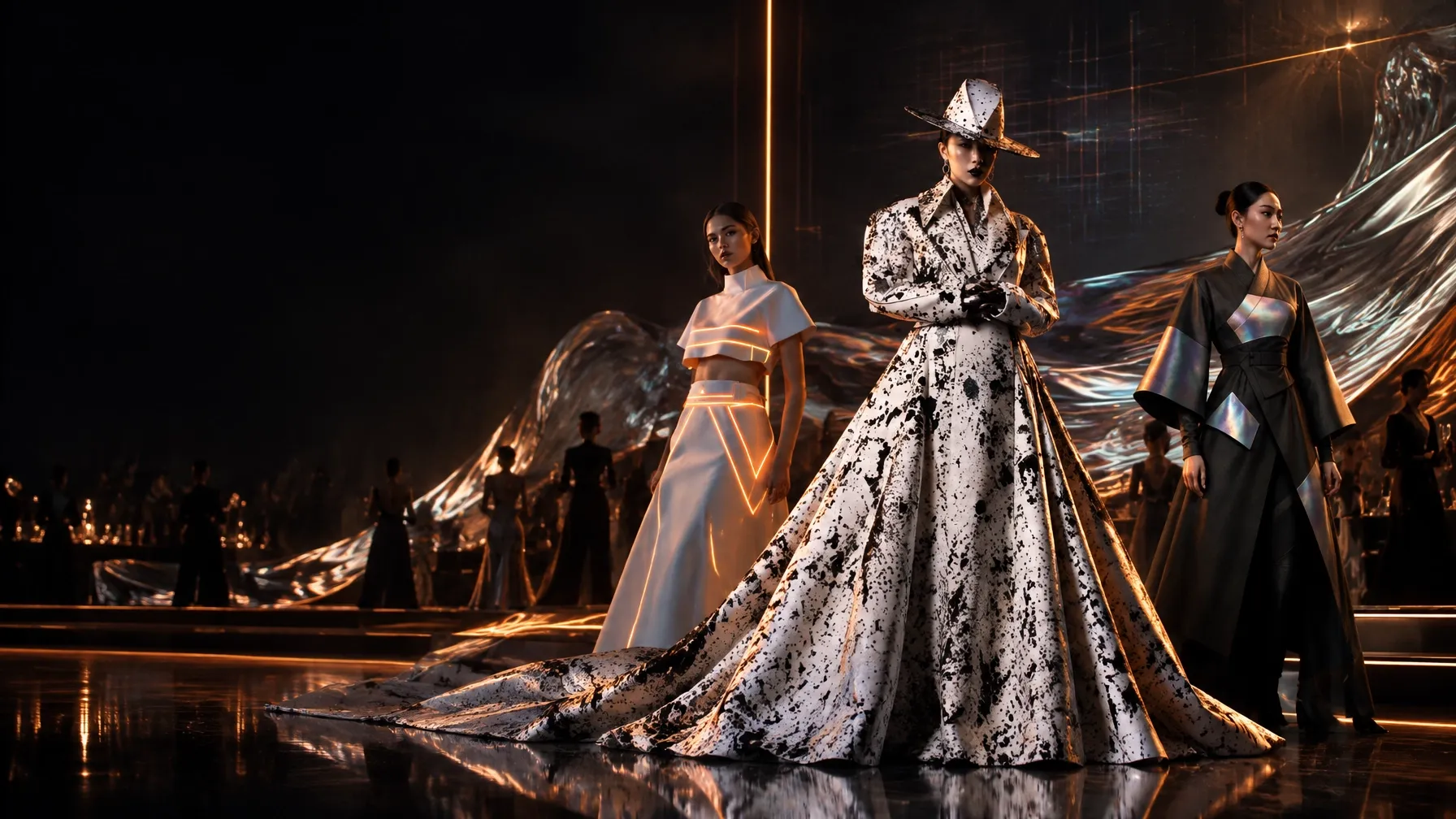 Futuristic formalwear on a glamorous gala stage
