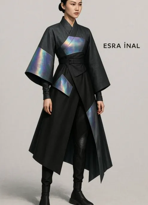 Black modern Asian-inspired coat with iridescent panels
