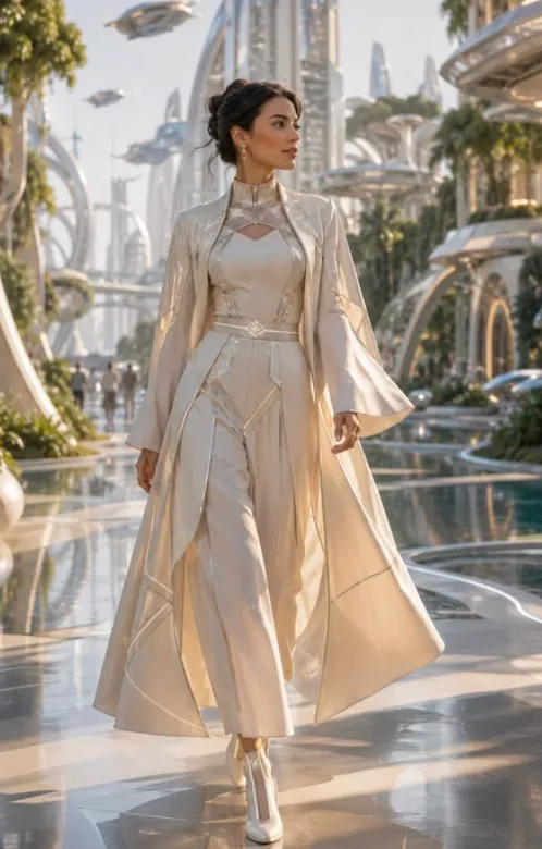 Pearl-toned futuristic formal ensemble in a bright city