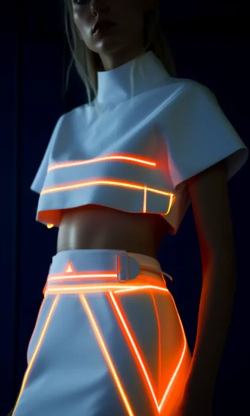 White structured outfit with glowing amber accent lines